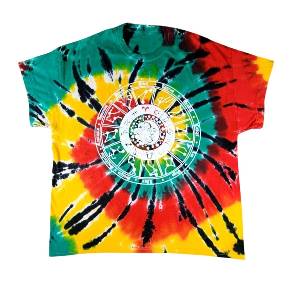 Zodiac Shirt Mens XL Multicolor Astrology Tie Dye Sun Moon Wheel Graphic Tee